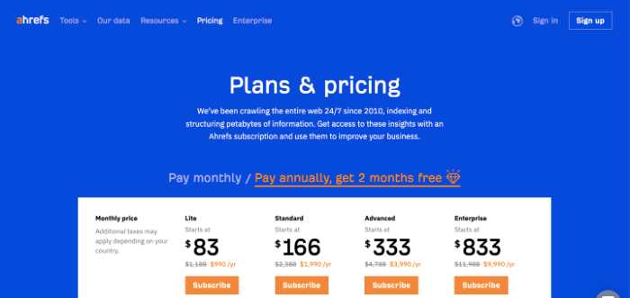 Ahref Pricing Page