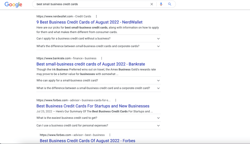 Organic search results on Google